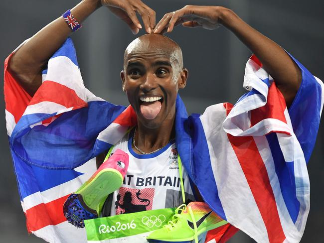 Mo Farah celebrates after winning the men's 5000m final during at the Rio Olympic Games.