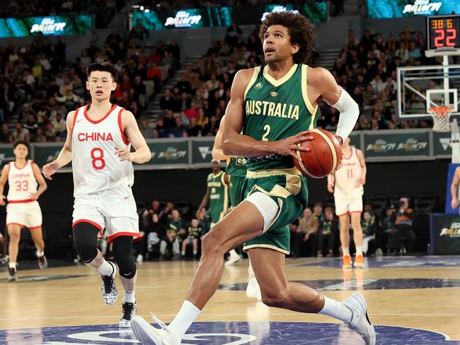 MELBOURNE, AUSTRALIAthe Australian Boomers - JULY 02: Matisse Thybulle of the Australian Boomers drives to the basket during the game between the Australia Boomers and China at John Cain Arena on July 02, 2024 in Melbourne, Australia. (Photo by Kelly Defina/Getty Images)