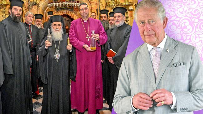 The chrism oil that will be used to anoint the king was consecrated in a ceremony at the Church of the Holy Sepulchre in Jerusalem last month. Picture montage: Patriarchate of Jerusalem/The Times