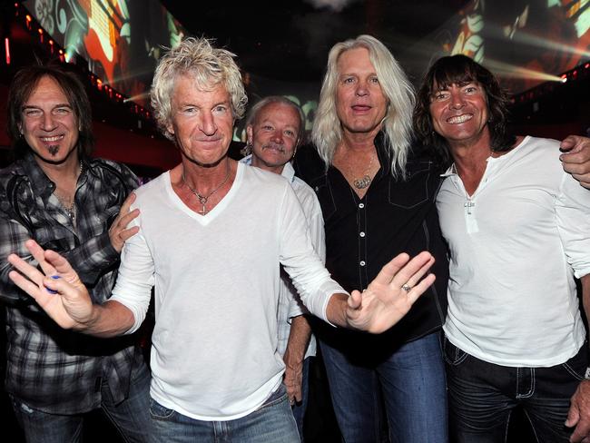 REO Speedwagon band members: Guitarist Dave Amato, Cronin, keyboardist Neal Doughty, Hall and drummer Bryan Hitt. Picture: Ethan Miller/Getty Images for Rok Vegas Nightclub