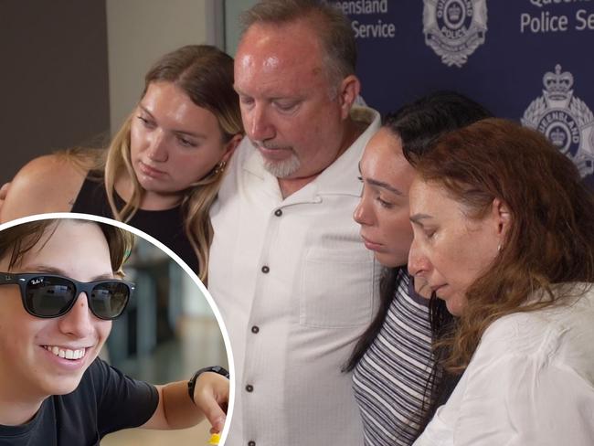 The family of Cameron Duce delivering a statement at the Gold Coast District police headquarters in Surfers Paradise. Picture: QPS.