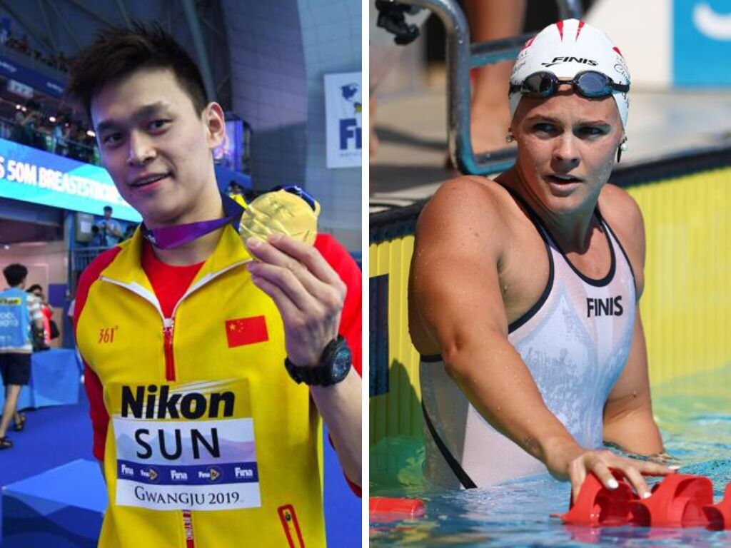 Chinese swimmer Sun Yang, who is currently suspended for a doping violation, and Shayna Jack. Photos: Getty Images/AFP