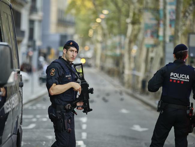 Police on patrol at Las Ramblas. Picture: AP