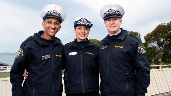 New Tasmania Police recruits Constable Ahmed Omer, Constable Mya Silverthorne, and Constable Patrick Verrell at the Police Academy in Rokeby. Picture: Linda Higginson