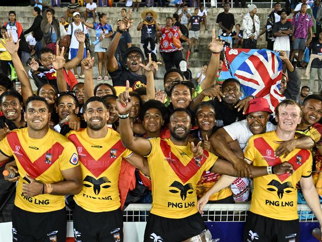 Papua New Guinea players celebrate their Pacific Championships win over Fiji. Picture: NRL Images