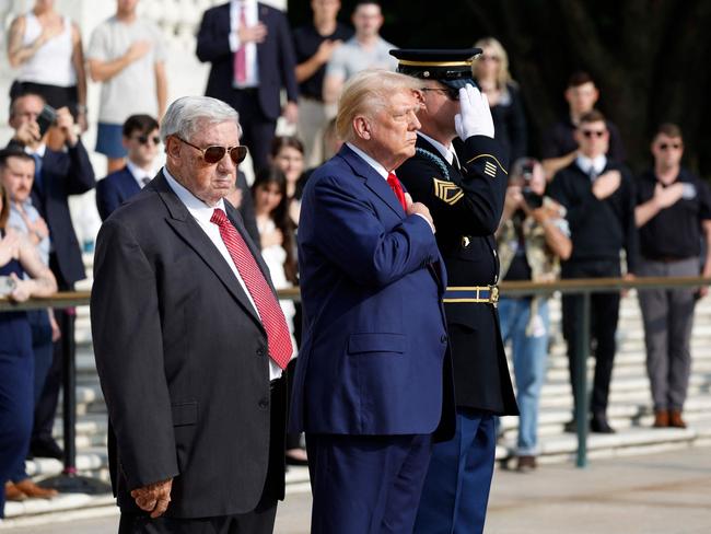 Donald Trump stands alongside Bill Barnett, who's grandson Staff Sgt Darin Taylor Hoover died in Abbey Gate Bombing three years ago. Picture: AFP