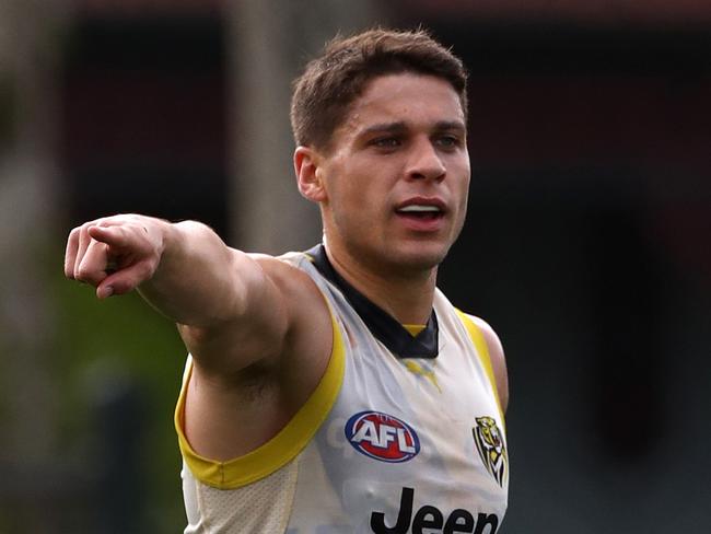 Dion Prestia sets up for a ball up during the Richmond Football Clubs intra club practice match at Punt Road Oval on Saturday 11th February, 2017. Picture: Mark Dadswell