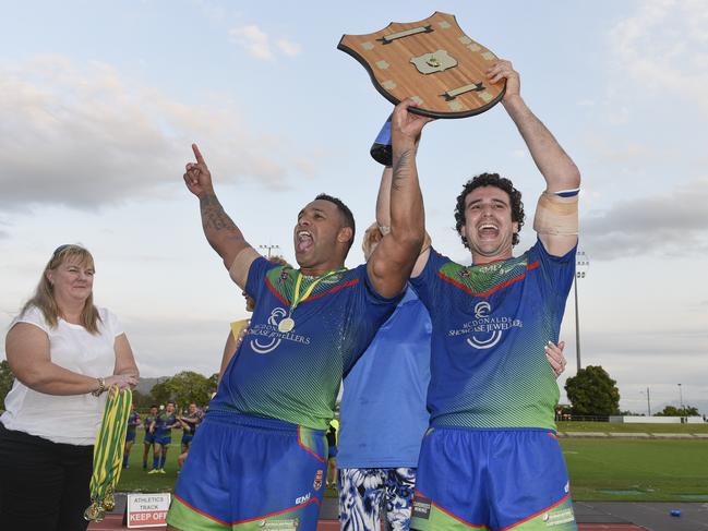 Innisfail Leprechauns captain-coach Ty Williams and Rob Haren with the Ken Frost Homes Shield in 2016. He’s chasing that winning feeling again in 2022, his final season.