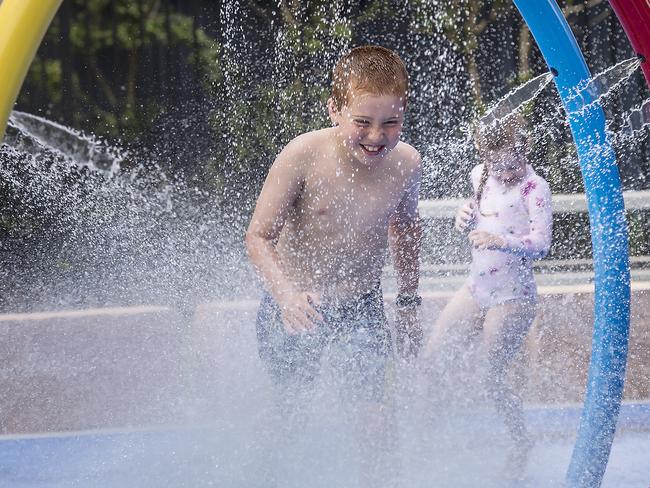 Kai Napton, 8, at play in the Peninsula Leisure Centre's new $1M aquatic park. The park officially opened today. Picture: News Local / Troy Snook