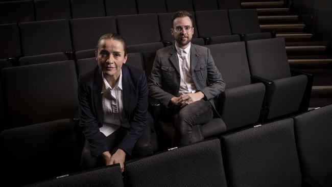 QTC artistic director Lee Lewis with playwright Steve Pirie in the empty Bille Brown Theatre in Brisbane on Thursday. Picture: Glenn Hunt