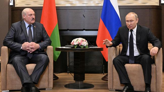 Russian President Vladimir Putin meets with his Belarus' counterpart Alexander Lukashenko. Picture: Ramil Sitdikov/SPUTNIK/AFP