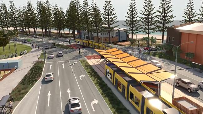 Gold Coast Light Rail Stage 3A artist impressions and stations between Broadbeach and Burleigh Heads