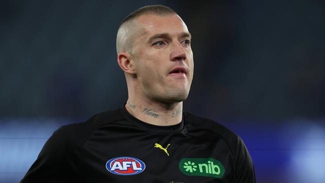 MELBOURNE, AUSTRALIA - AUGUST 03: Dustin Martin of the Tigers warms up before the round 21 AFL match between North Melbourne Kangaroos and Richmond Tigers at Marvel Stadium, on August 03, 2024, in Melbourne, Australia. (Photo by Daniel Pockett/Getty Images)