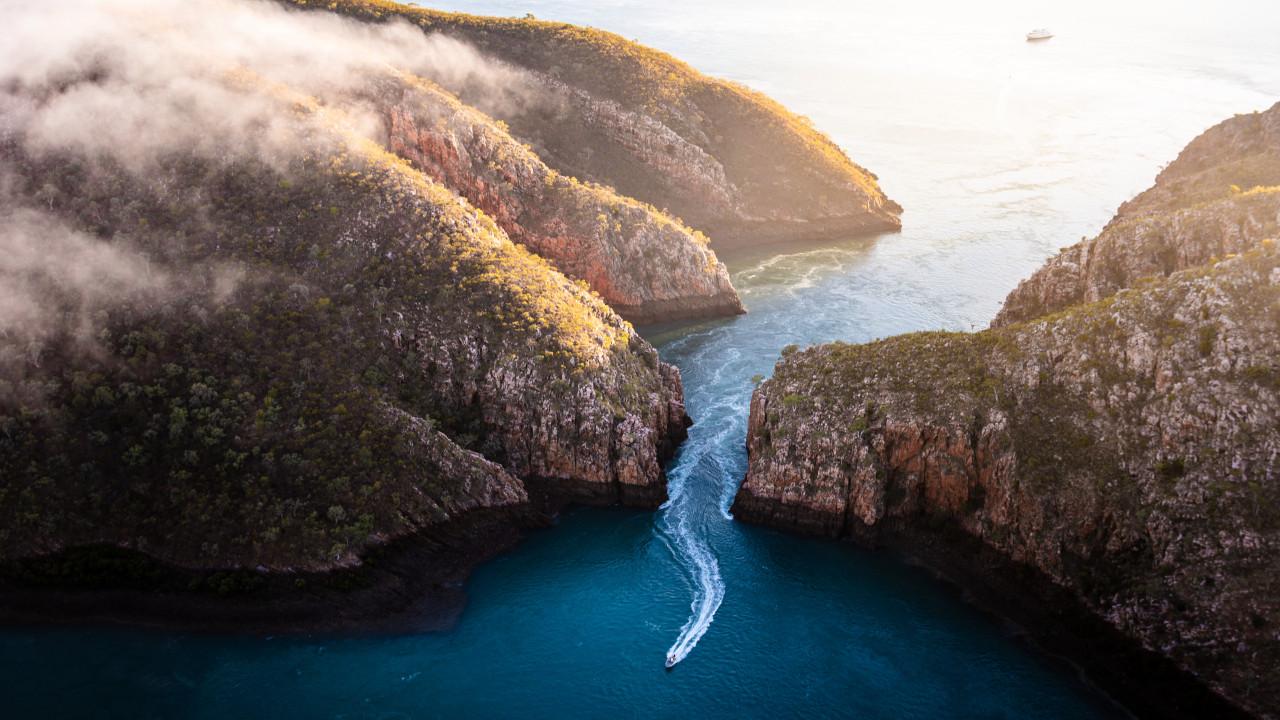 The Horizontal Falls or Horizontal Waterfalls is the name given to a natural phenomenon on the coast of the Kimberley region in Western Australia. Picture: Tourism Australia