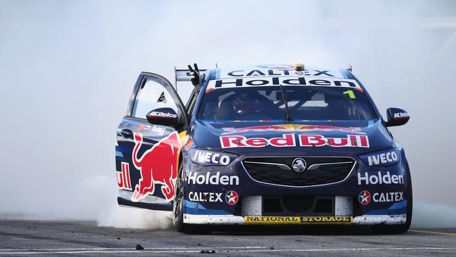 Jamie Whincup celebrates winning at Sandown last year. Picture: Getty Images