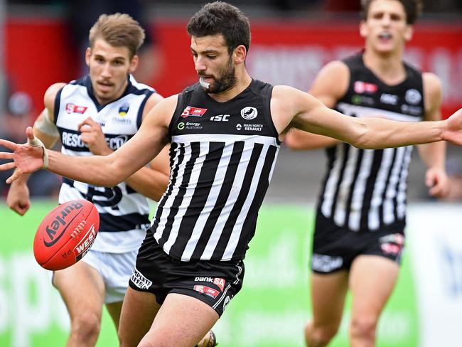 22/05/16 - Port Adelaide Magpies v South Adelaide SANFL match at Alberton Oval. Port Adelaide's Jimmy Toumpas. Photo Tom Huntley