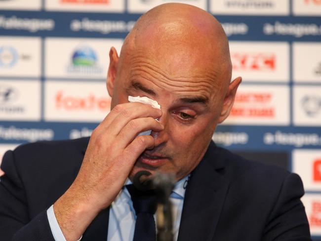 An emotional Kevin Muscat at his press conference. Picture: Michael Klein