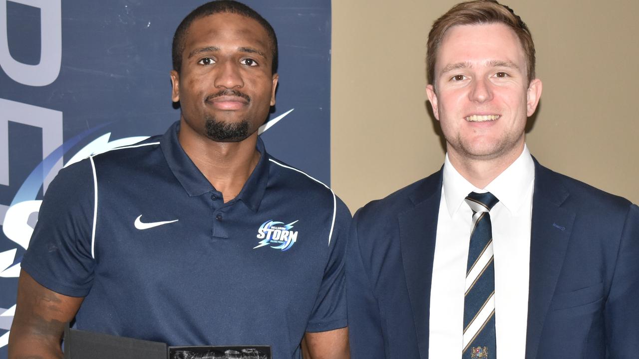 Bellarine Storm’s men’s MVP Kavione Green and with City of Greater Geelong mayor Trent Sullivan. Picture: Supplied