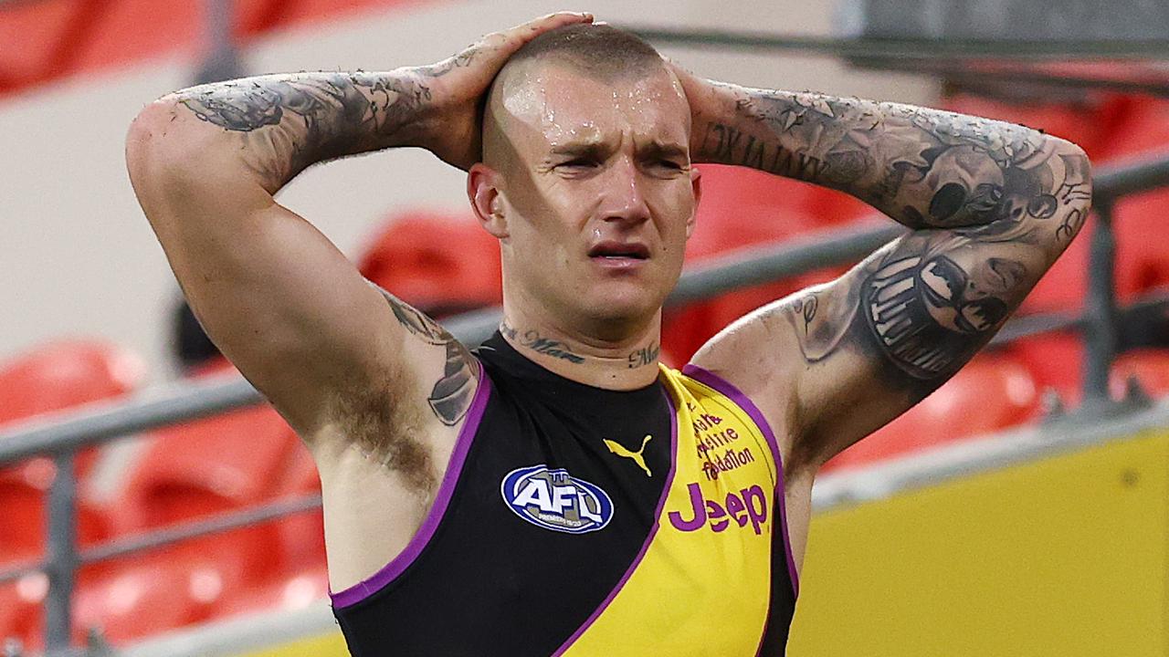 AFL Round 18. Richmond v Brisbane at Metricon stadium, Gold Coast . 16/07/2021. Richmonds Dustin Martin on the boundary after getting injured in a collision with Mitch Robinson of the Lions late 3rd qtr . Pic: Michael Klein