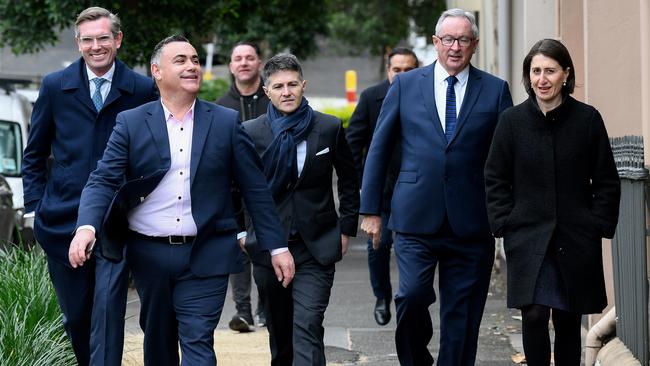 Then NSW Treasurer Dominic Perrottet (left) and then Deputy Premier John Barilaro with other cabinet members and then Premier Gladys Berejiklian in 2020. Picture: AAP Image/Bianca De Marchi