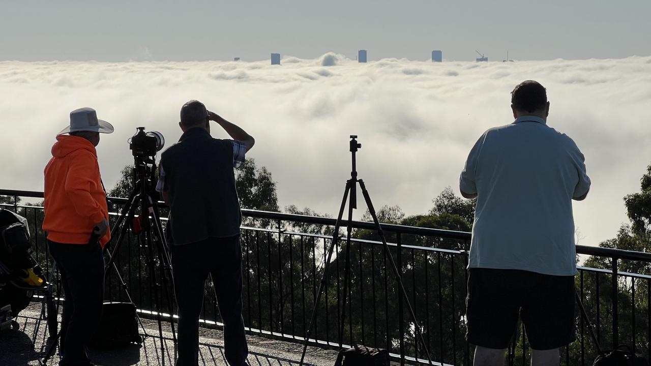 Brisbane city blanketed in fog this morning. Picture: Lyndon Mechielsen