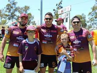 Lucas and Harry Harms from Kumbia meeting some of the Broncos at the Arrow Energy fan day. Picture: Shannon Hardy