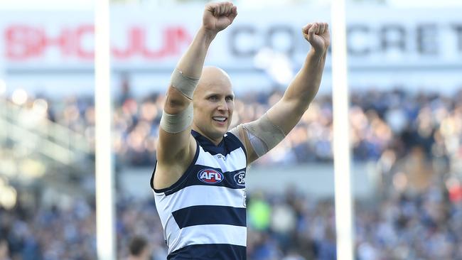 Gary Ablett celebrates a goal for the Cats. Picture: AAP Images 