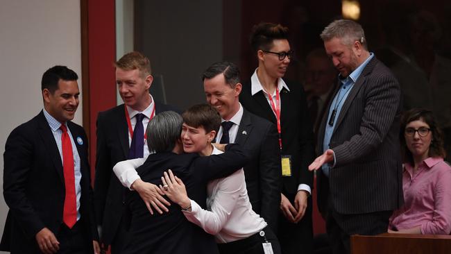 The Leader of the Opposition in the Senate Penny Wong is congratulated by Same-Sex Marriage advocates after speaking on The Marriage Amendment (Definition and Religious Freedoms) Bill 2017. Picture: AAP Image/Lukas Coch.