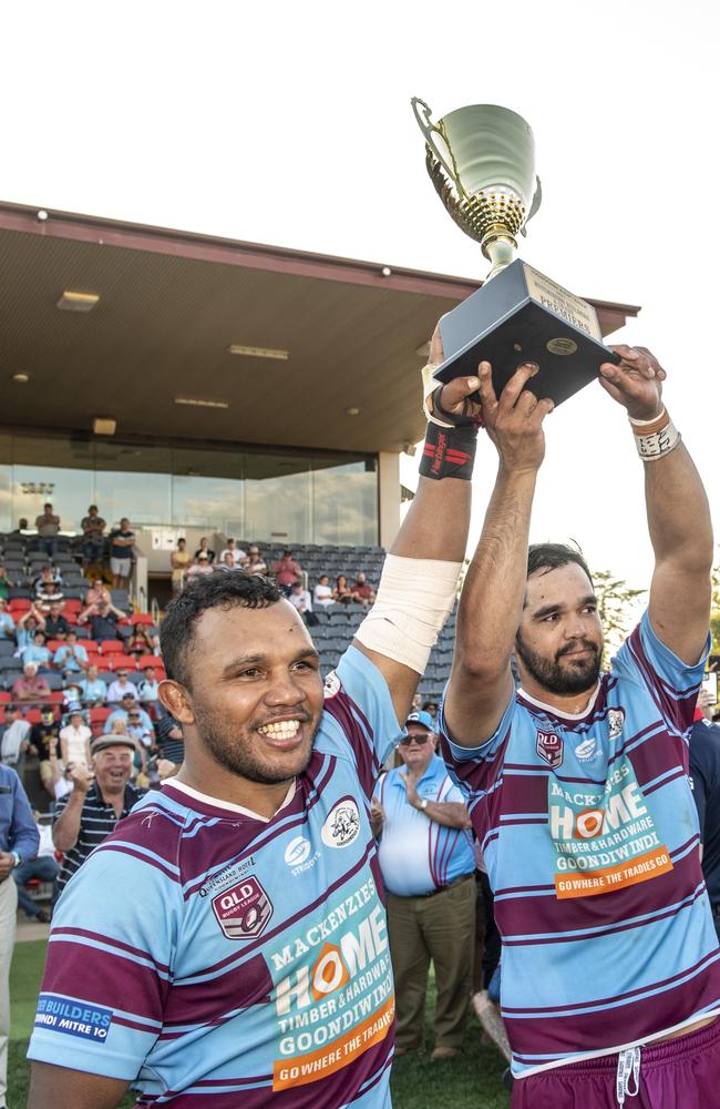 Travis Waddell and David McGrady with the winning trophy. Highfields vs Goondiwindi. 2021 Hutchinson Builders Cup A Grade final. Sunday, September 19, 2021. Picture: Nev Madsen.