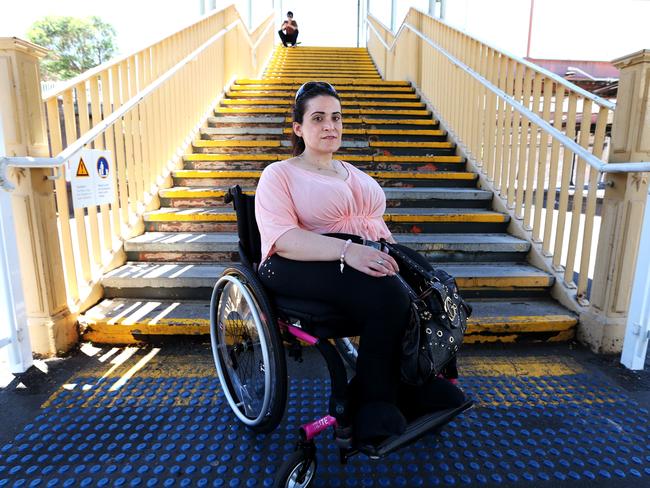 Wheelchair train passenger Pauline David at St Peters train station where there is no lift or ramp access.