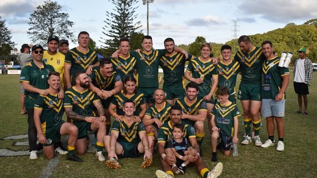 The Hornets celebrating after Bilambil Jets 17-16 in the preliminary final. Photo: supplied