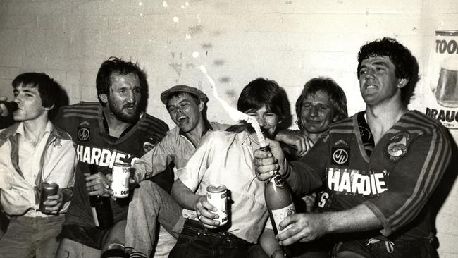 John Muggleton, far right, celebrates Parramatta’s 1982 premiership victory at the SCG.