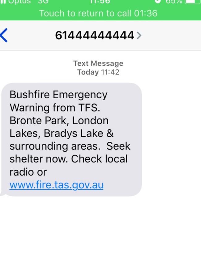 A bushfire warning text from the Tasmania Fire Service to a resident in Miena.