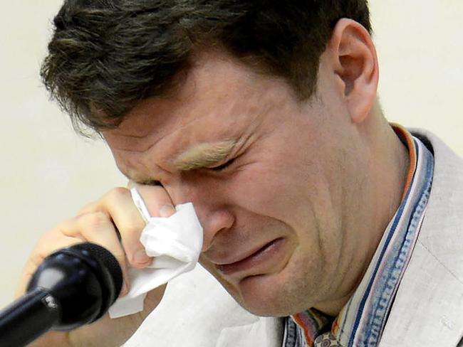 (FILES) This file photo taken on February 29, 2016 and released by North Korea's official Korean Central News Agency (KCNA) on March 1, 2016 shows US student Otto Frederick Warmbier, who was arrested for committing hostile acts against North Korea, wiping his tears as he speaks at a press conference in Pyongyang.   REPUBLIC OF KOREA OUT AFP PHOTO / KCNA via KNSTHIS PICTURE WAS MADE AVAILABLE BY A THIRD PARTY. AFP CAN NOT INDEPENDENTLY VERIFY THE AUTHENTICITY, LOCATION, DATE AND CONTENT OF THIS IMAGE. THIS PHOTO IS DISTRIBUTED EXACTLY AS RECEIVED BY AFP. ---EDITORS NOTE--- RESTRICTED TO EDITORIAL USE - MANDATORY CREDIT "AFP PHOTO/KCNA VIA KNS" - NO MARKETING NO ADVERTISING CAMPAIGNS - DISTRIBUTED AS A SERVICE TO CLIENTS US President Donald Trump on September 26, 2017 accused North Korea of brutally abusing an American student who had been held captive in North Korea, saying the young man had been "tortured beyond belief." Otto Warmbier, 22, died in June a few days after he was sent home in a mysterious coma after more than a year in prison in North Korea.Trump had previously blamed Pyongyang's "brutal regime" for Warmbier's plight but it was the first time the president publicly accused North Korea of torture in the case. US officials have said Trump was personally taken aback by Warmbier's death and his comment Tuesday ratchets up the pressure on Kim Jong-Un's regime.  / AFP PHOTO / KCNA / KCNA VIA KNS