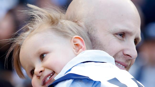 Gary Ablett Jnr is seen with his son Levi during the 2022 Toyota AFL Grand Final match between the Geelong Cats and the Sydney Swans. (Photo by Dylan Burns/AFL Photos via Getty Images)