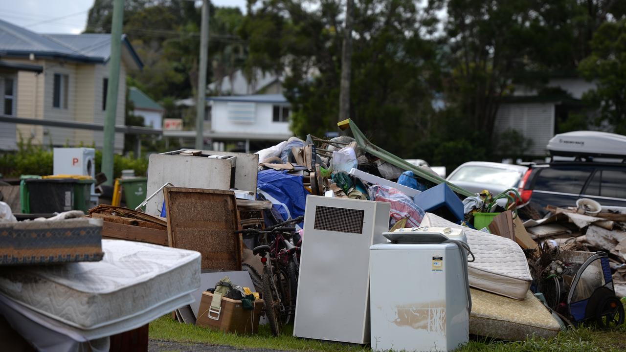 Mountains of rubbish in Lismore after the 2017 flood event.