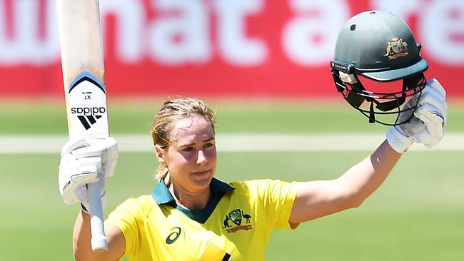 Ellyse Perry celebrates reaching her maiden ODI century. Picture: Getty