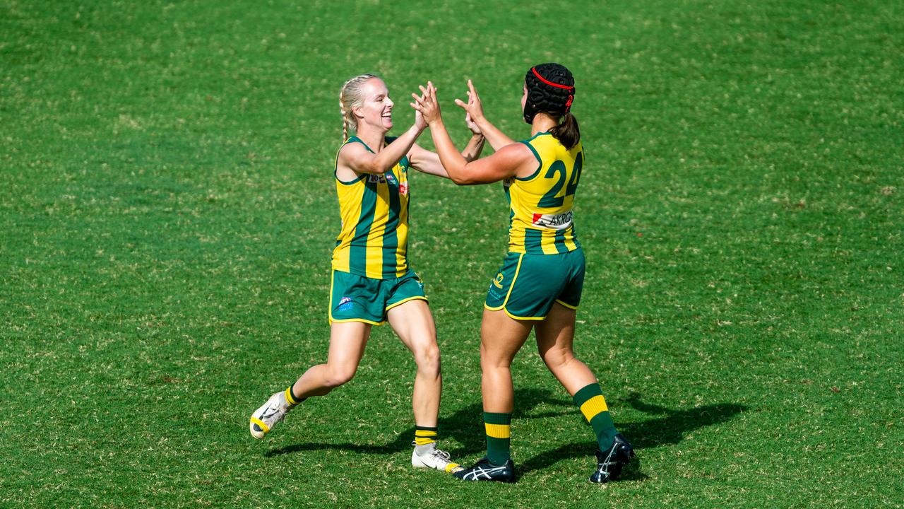 2020-21 NTFL Women's Premier League Grand Final - Darwin Buffettes v PINT Queenants. Claudia Fabris celebrates the first goal of the final. Photograph: Che Chorley