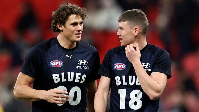 SYDNEY, AUSTRALIA - JULY 06: Charlie Curnow and Sam Walsh of the Blues warm up prior to the round 17 AFL match between Greater Western Sydney Giants and Carlton Blues at ENGIE Stadium, on July 06, 2024, in Sydney, Australia. (Photo by Brendon Thorne/AFL Photos/via Getty Images)