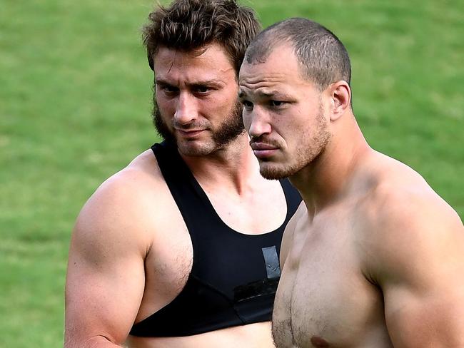 France's fullback Maxime Medard (left) and flanker Wenceslas Lauret at a training session.