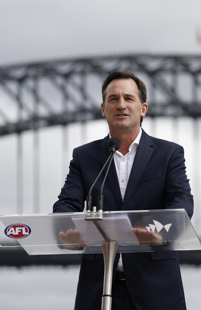 AFL CEO Andrew Dillon speaking in Sydney on Monday. Picture: Darrian Traynor/AFL Photos/via Getty Images.