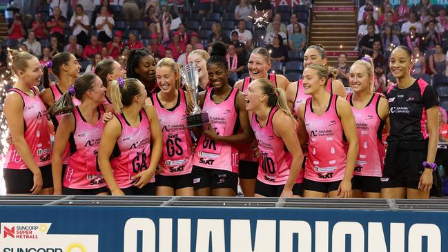 ADELAIDE, AUSTRALIA - MARCH 16: Players of the Thunderbirds celebrate winning the 2025 Suncorp Team Girls Cup at Netball SA Stadium on March 16, 2025 in Adelaide, Australia. (Photo by Sarah Reed/Getty Images)