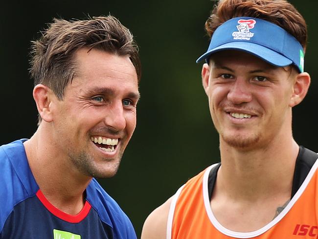 Mitchell Pearce during his first training session with his new club the Newcastle Knights since leaving the Sydney Roosters, at Wests Mayfield Newcastle. Mitchell With Kalyn Ponga. Picture: Brett Costello