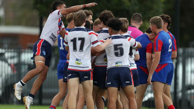 The Central Coast Roosters celebrate a try in the Andrew Johns Cup Grand Final. Picture: Sue Graham