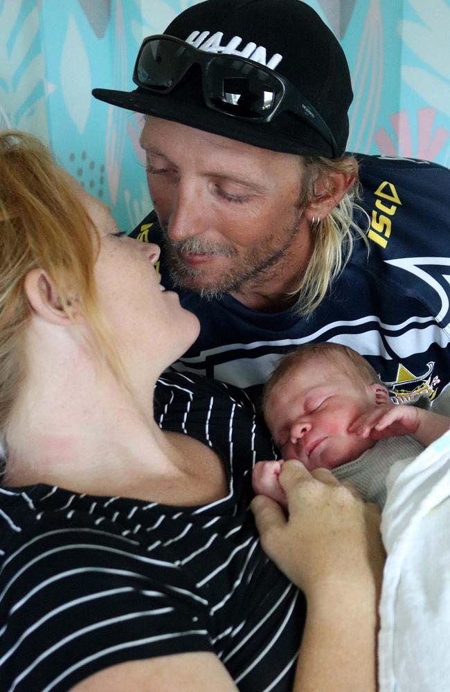 Rebecca Bragg and Luke Hall with baby Koen Jaz Holt, who was born at 12.41am on January 1, 2022. Picture: Contributed