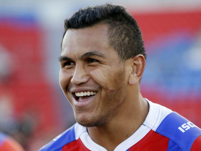 Daniel Saifiti of the Knights smiles after the Round 22 NRL match between the Newcastle Knights and the New Zealand Warriors at McDonald Jones Stadium in Newcastle, Saturday, August 5, 2017. (AAP Image/Darren Pateman) NO ARCHIVING, EDITORIAL USE ONLY