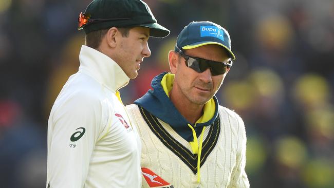 Australian coach Justin Langer with Test captain Tim Paine. Picture: Getty Images