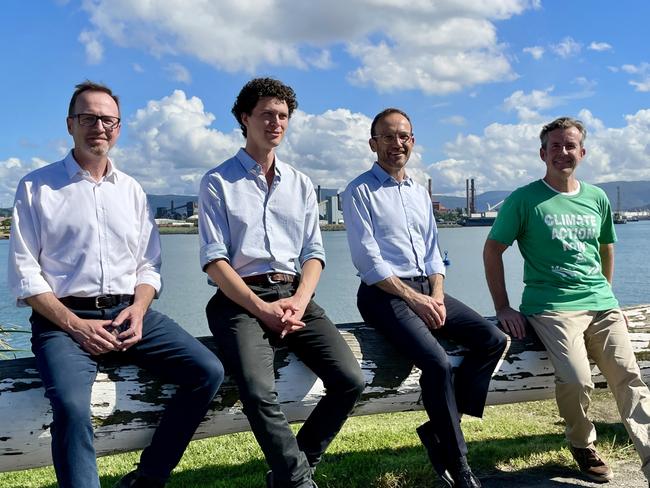 (From left) Greens NSW senate candidate David Shoebridge, Cunningham candidate Dylan Green, leader Adam Bandt, Whitlam candidate Jamie Dixon in Port Kembla, Thursday, 14 April, 2022. Picture: Dylan Arvela