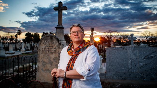 Jo Fuller, a Death Doula who guides people through the process of dying, at Adelaide’s West Terrace Cemetery. Picture Matt Turner