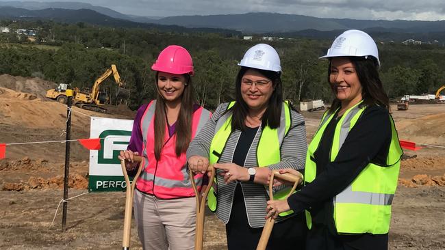 Meaghan Scanlon MP, Minister for Education Grace Grace and foundation principal Kym Amor turn the sod on the Gold Coast's newest school in Coomera.